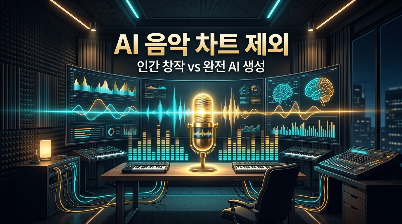 AI 음악 차트 제외 및 인간 창작과 완전 AI 생성의 경계 인포그래픽 커버