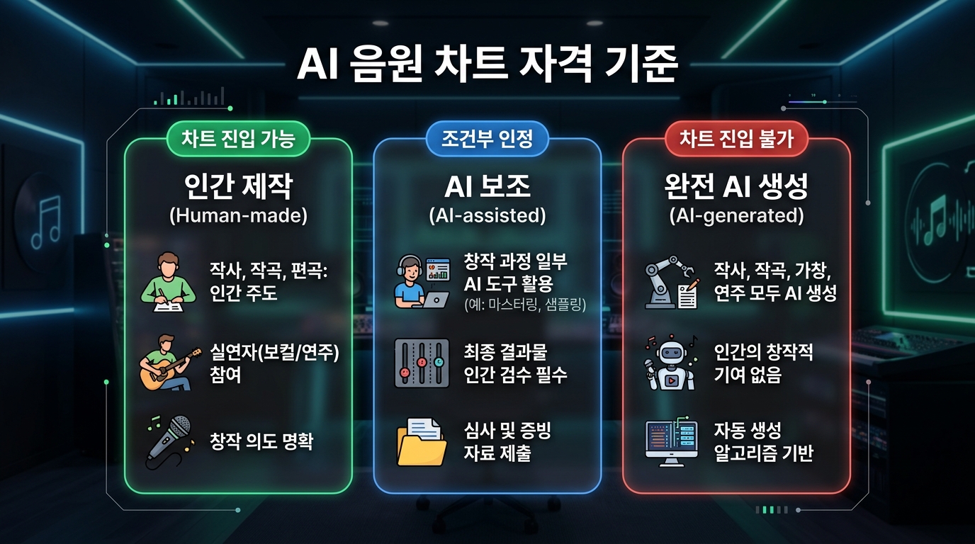 AI 음원 차트 자격 기준 3단계 분류 인포그래픽 카드