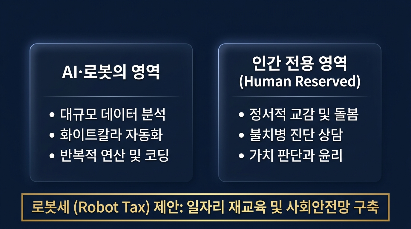 AI 로봇의 영역과 인간 전용 영역 비교 및 로봇세 제안 인포그래픽