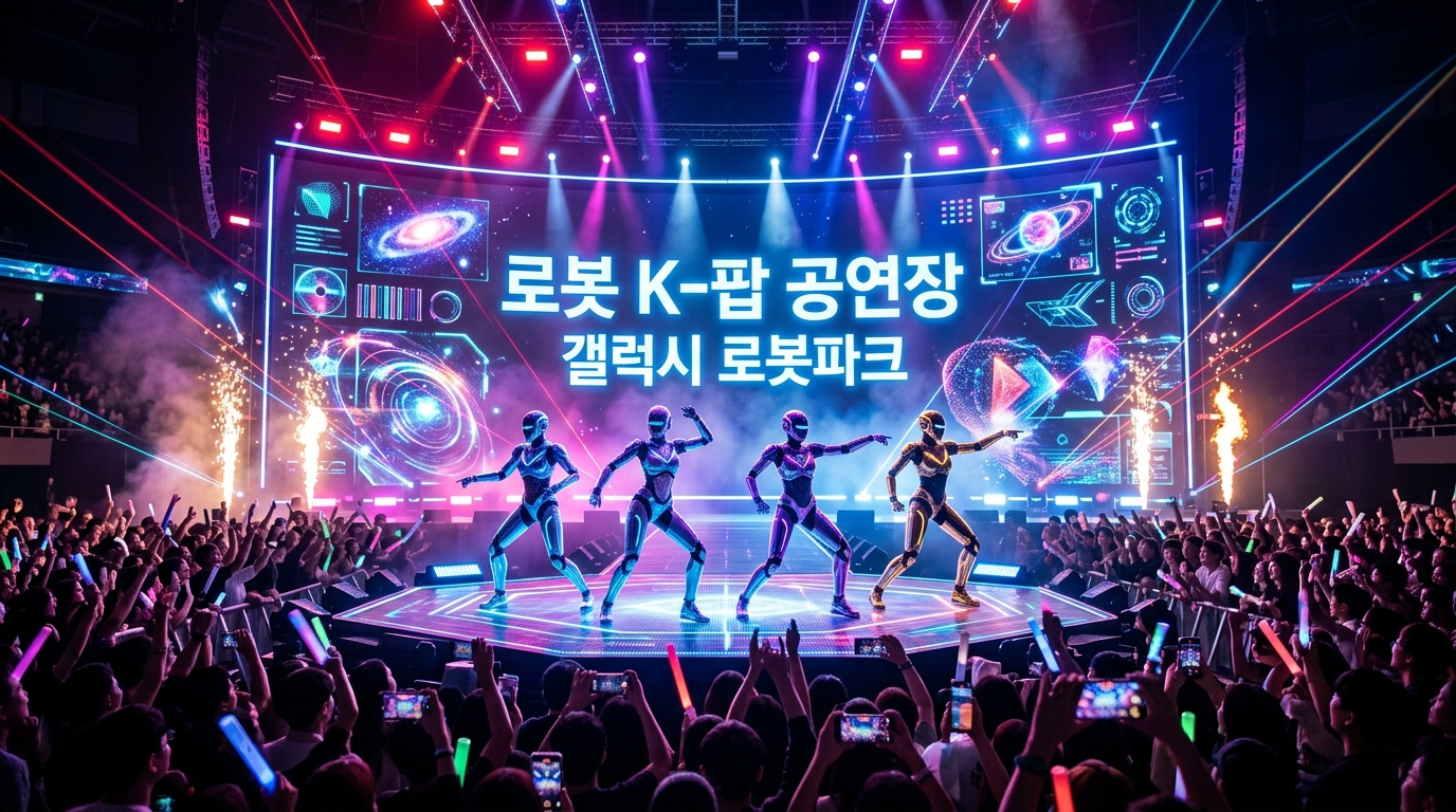 갤럭시 로봇파크 무대 위에서 K-팝 음악에 맞춰 칼군무를 추는 차세대 휴머노이드 로봇들