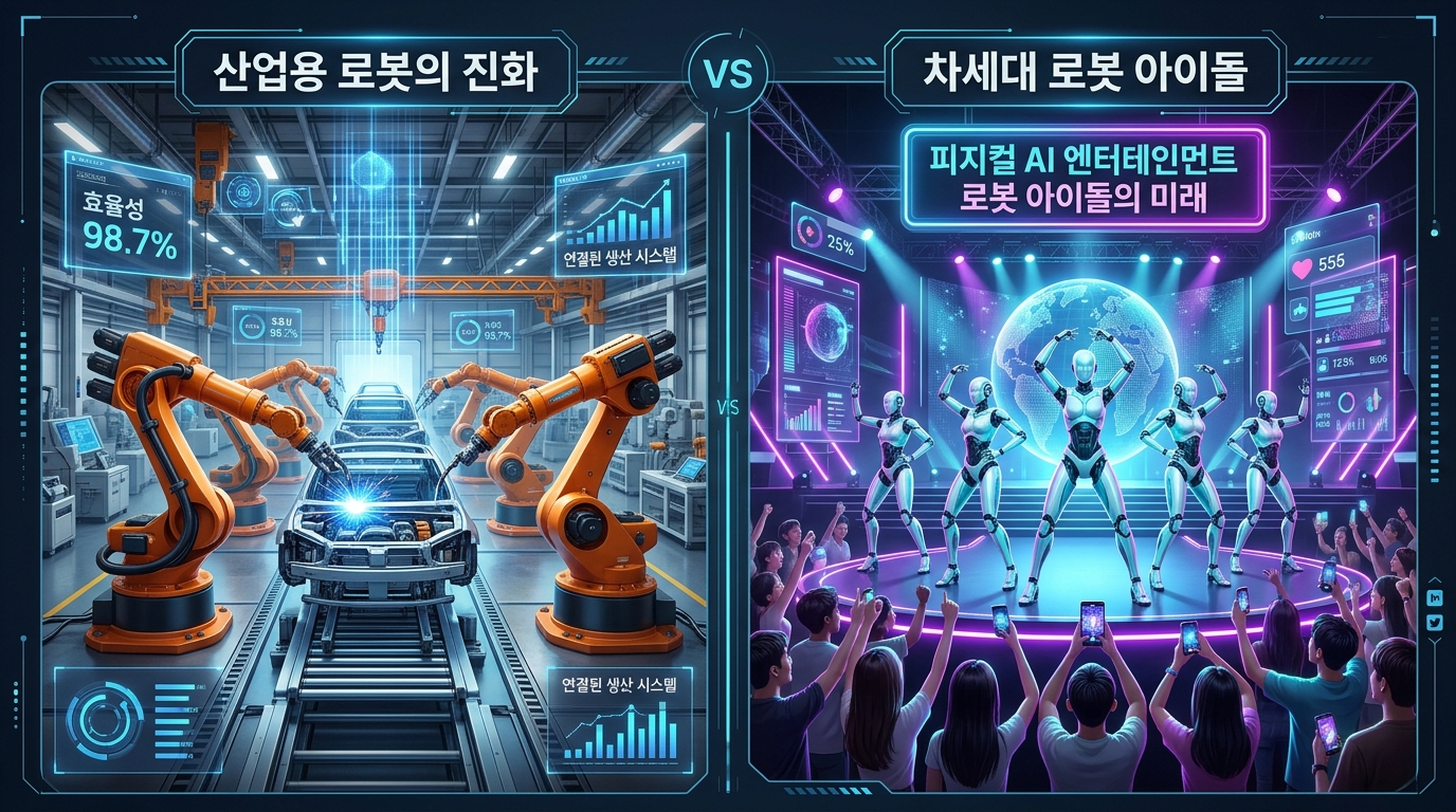 산업용 로봇과 차세대 로봇 아이돌의 비교 및 피지컬 AI 엔터테인먼트 개념 인포그래픽