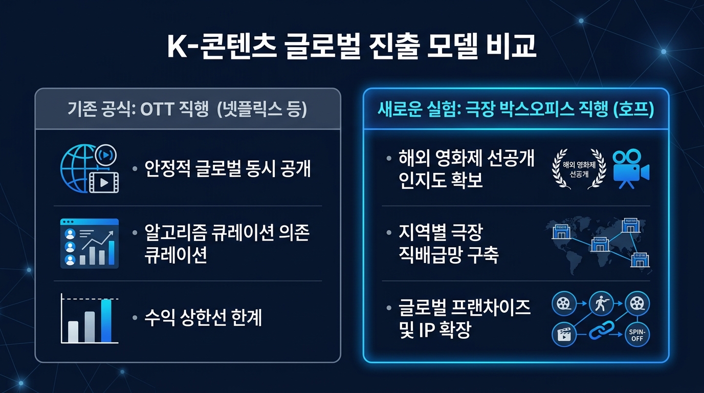 K-콘텐츠 글로벌 진출 모델 비교: 기존 공식 OTT 직행 vs 새로운 실험 극장 박스오피스 직행 인포그래픽