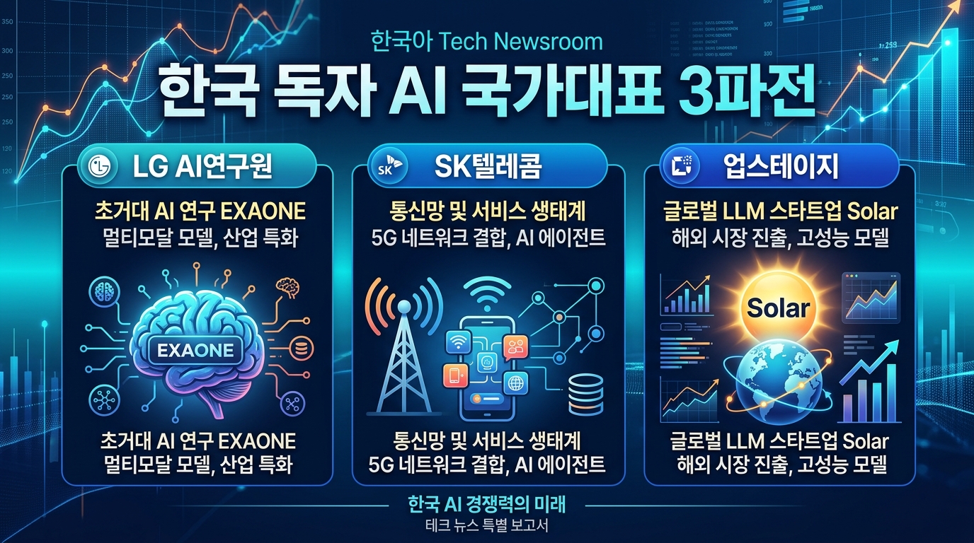 한국 독자 AI 국가대표 3파전 LG AI연구원 SK텔레콤 업스테이지 인포그래픽 카드뉴스