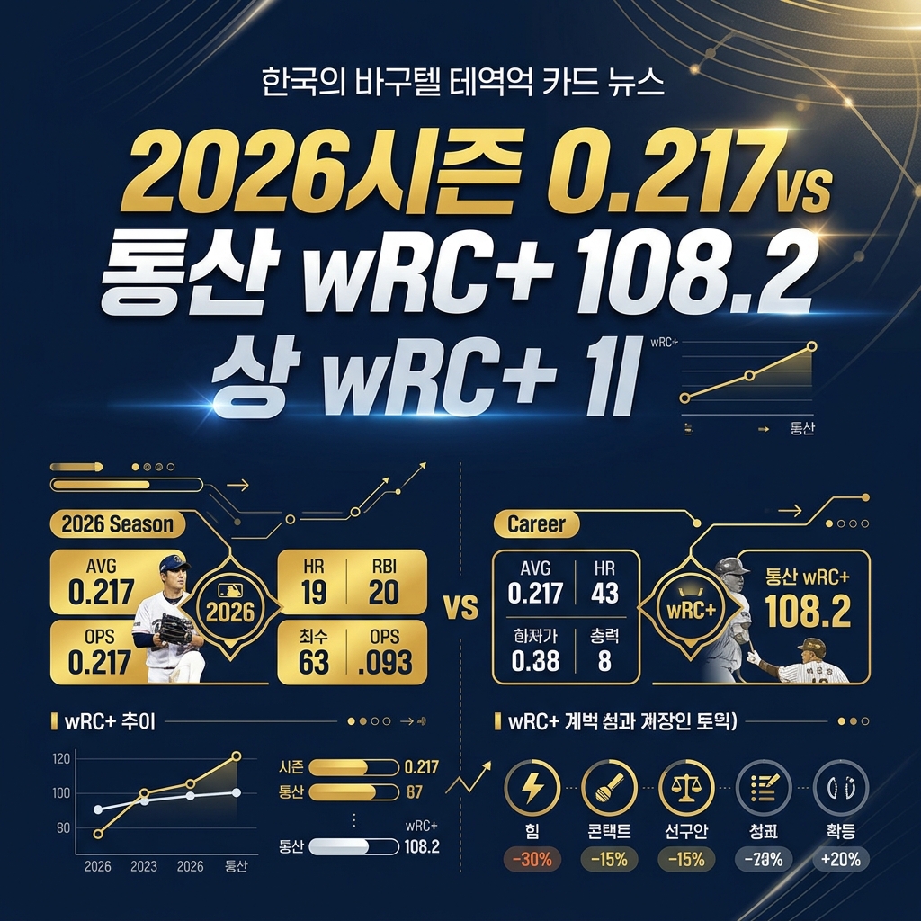 윤동희 2026시즌 타율 vs 통산 wRC+ 데이터 비교 카드뉴스