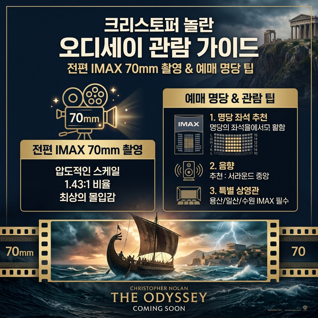 크리스토퍼 놀란 오디세이 영화 관람 가이드 및 IMAX 70mm 예매 명당 팁 카드뉴스 커버