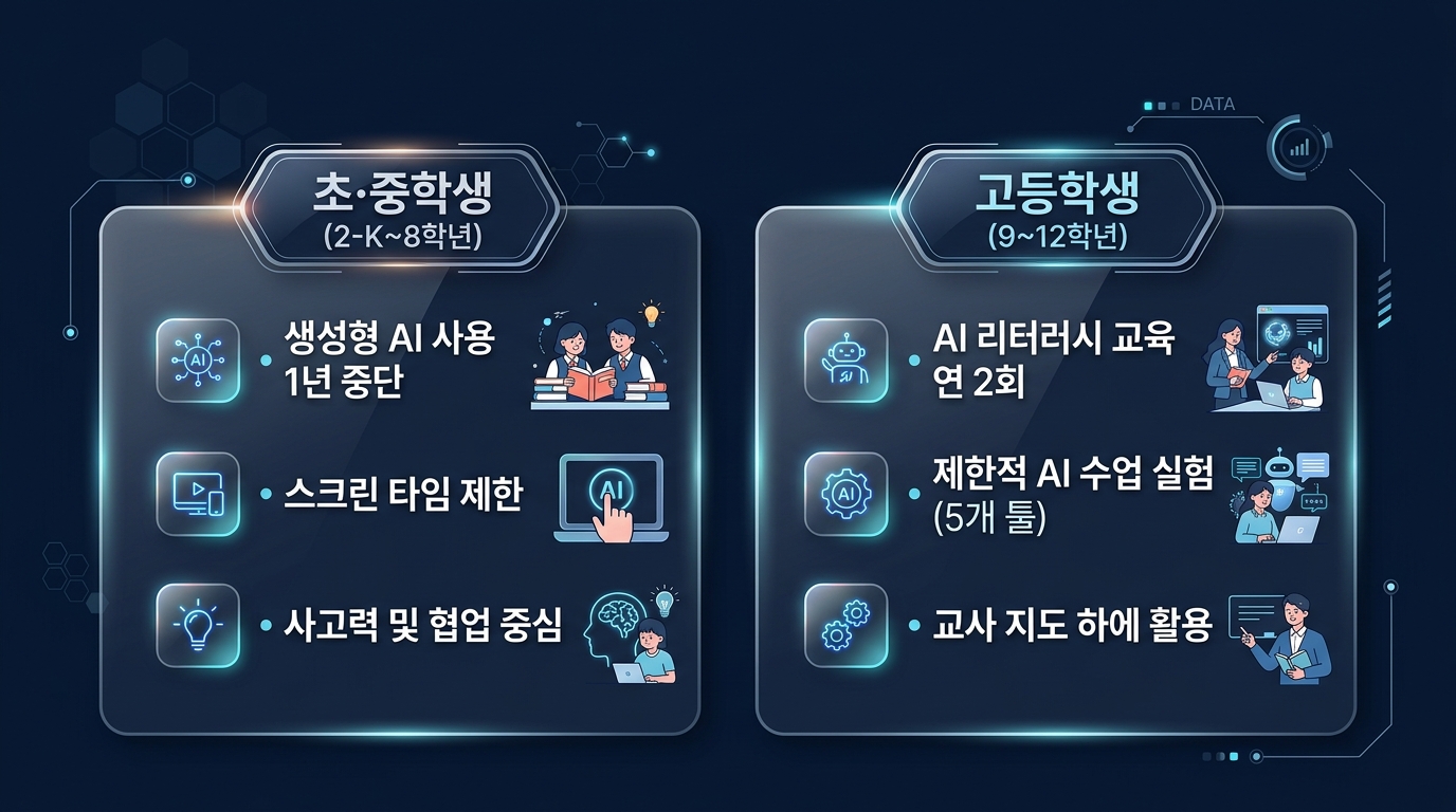 뉴욕시 공립학교 연령별 AI 교육 정책 비교 인포그래픽 카드